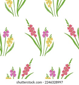 Gladiolus seamless pattern. Pen or marker flowers sketch. Floral vector illustrations. Hand drawn natural pencil drawing