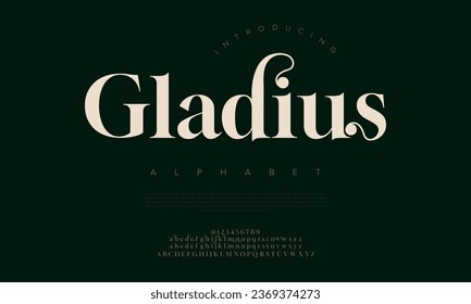 Gladius premium luxury elegant alphabet letters and numbers. Elegant wedding typography classic serif font decorative vintage retro. Creative vector illustration