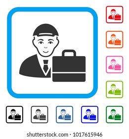 Gladness Accounter vector pictogram. Person face has glad emotions. Black, gray, green, blue, red, orange color variants of accounter symbol in a rounded squared frame. A man with a cap.