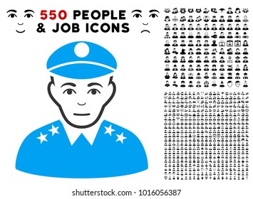 Gladness Army General vector pictogram with 550 bonus pity and happy men symbols. Human face has cheerful mood. Bonus style is flat black iconic symbols.