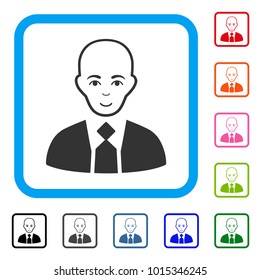 Gladness Bald Boss vector pictogram. Person face has enjoy expression. Black, gray, green, blue, red, orange color variants of bald boss symbol inside a rounded rectangle.