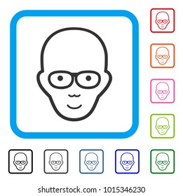 Gladness Bald Head vector pictogram. Person face has happy expression. Black, grey, green, blue, red, orange color versions of bald head symbol inside a rounded rectangle.