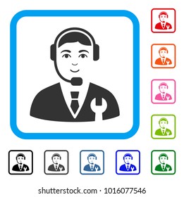 Gladness Call Center Boss vector pictograph. Human face has joyful sentiment. Black, gray, green, blue, red, pink color additional versions of call center boss symbol inside a rounded frame.