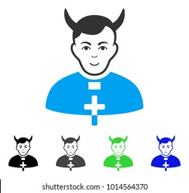 Gladness Devil Priest vector icon. Vector illustration style is a flat iconic devil priest symbol with gray, black, blue, green color variants. Human face has glad feeling.
