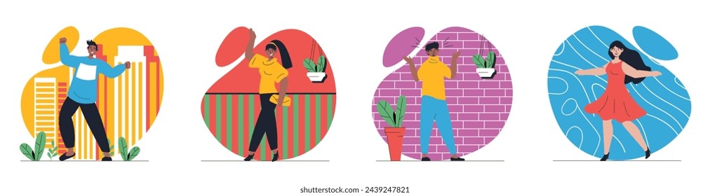 Gladness emotion concept with people scenes set in flat web design. Bundle of character situations with joy feeling and positive expression, celebrating success and achievement. Vector illustrations.