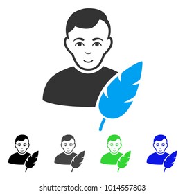 Gladness Feather Writer vector pictograph. Vector illustration style is a flat iconic feather writer symbol with gray, black, blue, green color variants. Person face has positive feeling.