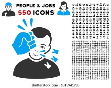 Gladness Head Strike vector pictograph with 550 bonus sad and happy person pictures. Person face has joy feeling. Bonus style is flat black iconic symbols.