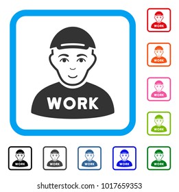 Gladness Jobless vector pictograph. Human face has smiling expression. Black, grey, green, blue, red, orange color variants of jobless symbol in a rounded rectangular frame. A boy in a cap.