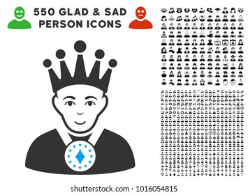 Gladness King vector icon with 550 bonus pity and happy jobs icons. Human face has joyful emotions. Bonus style is flat black iconic symbols.