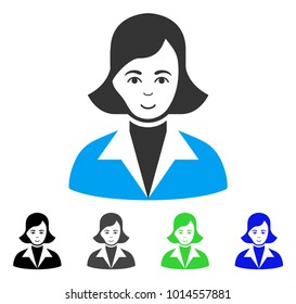 Gladness Lady vector pictogram. Vector illustration style is a flat iconic lady symbol with gray, black, blue, green color versions. Human face has happy emotion.