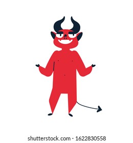 Gladness sly cartoon red devil smiling vector flat illustration. Happy little frauded demon isolated on white background. Smiling dangerous monster with horn having positive emotion