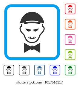Gladness Vampire Head vector pictograph. Person face has enjoy sentiment. Black, grey, green, blue, red, orange color variants of vampire head symbol inside a rounded squared frame. A man in a cap.