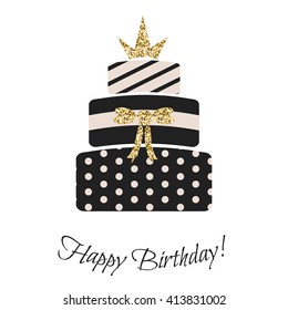 Glam Birthday Cake For Girls. Black And Pastel Pink, Striped, Dotted Three-tier Cake. Gold Glitter Crown Topping.