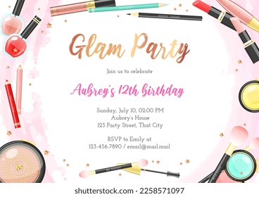 Plantilla de invitación para fiesta de cumpleaños Glam. Hermoso fondo de productos de maquillaje coloridos y estrellas doradas. Ilustración del vector 10 EPS.