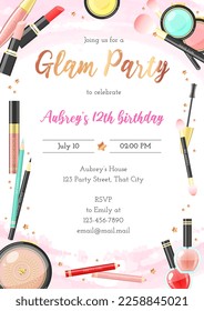 Glam birthday party invitation template. Beautiful background of colorful makeup products and golden stars. Vector illustration 10 EPS.