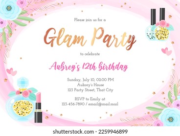 Glam birthday party invitation template. Beautiful frame with flowers and makeup products drawn in cartoon style on a pink watercolor background. Vector illustration 10 EPS.