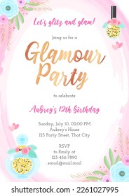 Glam birthday party invitation template. Beautiful frame with flowers and makeup products drawn in cartoon style on a pink watercolor background. Vector illustration 10 EPS.