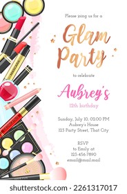 Glam birthday party invitation template. Beautiful background of colorful makeup products and golden stars. Vector illustration 10 EPS.