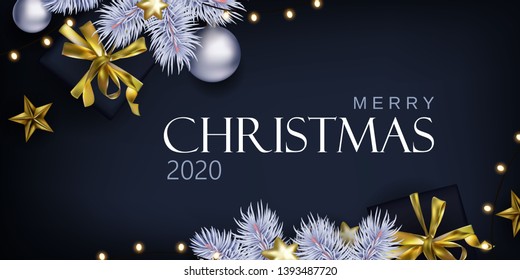 Glam Christmas Banner With White Spruce  On Black Background