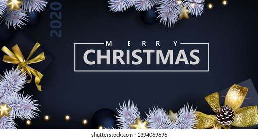 Glam Christmas banner with white spruce  on black background