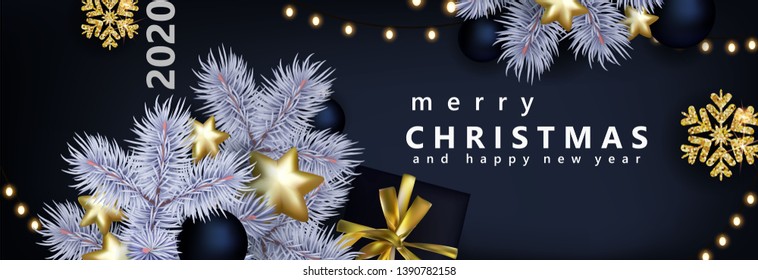 Glam Christmas banner with white spruce,golden stars,gift boxes on black background