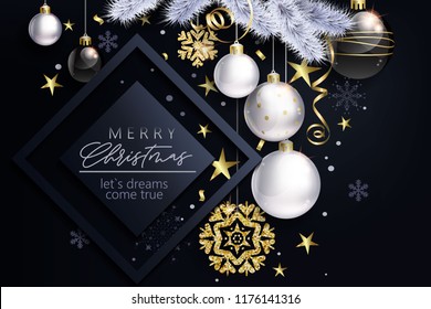 Glam Christmas Card With White And Black Balls. Christmas Ornaments.