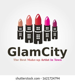 Glam City Logo Template. In this logo 5 different coloured lipsticks in matte & glossy shades becomes the skyline of a glamorous city.