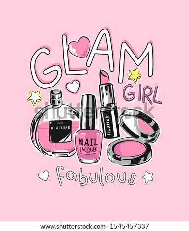 glam girl slogan with cartoon cosmetic illustration on pink background