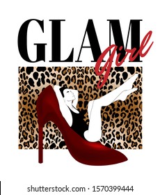 Glam girl. Vector hand drawn illustration of girl in swimsuit on shoe isolated. Creative  artwork with leopard print . Template for card, poster, banner, print for t-shirt, pin, badge, patch.