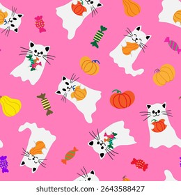 glam girls halloween fun pink background with charming feline spirits and candy elements a sweet design for children's merchandise and festive decor