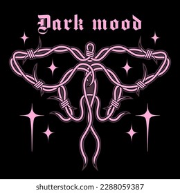 Glam goth aesthetic print with night moth. Dark black and playful pink colors. Y2k barbed wire gothic vibe. Vintage emo girl style graphic. Glamour psychedelic 00's art.