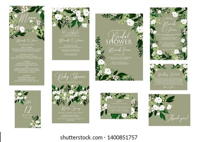 Glam Greenery wedding invitations set White peony flower template menu baby shower bridal shower engagement party thank you card detail card rsvp table card green herbal 