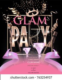 Glam Party Invitation Card With Party Design Elements And Gold Letters. Vector Illustration