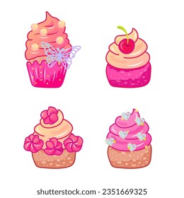 Glam pink cupcakes with diamonds, marshmallow, cherry and butterfly on white background. Vector illustration set.