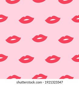Glam pink lips seamless background. Makeup kiss mark lips in cartoon 90s style on white background.