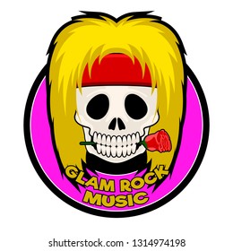 Glam rock music label with a skull and a rose. Vector illustration design