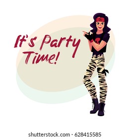 Glam rock party invitation, banner poster template with young man dressed in skull t-shirt, cartoon vector illustration. Glam rock party invitation banner, poster layout with rock star man
