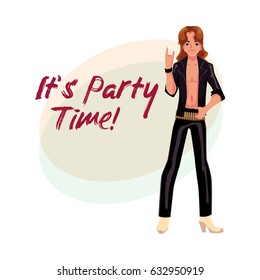 Glam rock party invitation, banner poster template with man dressed in leather clothing, cartoon vector illustration. Glam rock party invitation banner, poster layout with rock star man