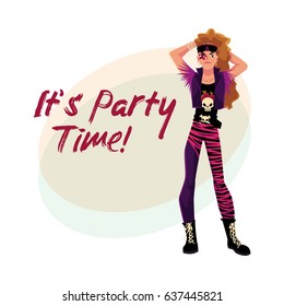Glam rock party invitation, banner poster template with young man dressed in vest and boots, cartoon vector illustration. Glam rock party invitation banner, poster layout with rock star man