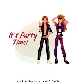 Glam rock party invitation, banner poster template with two young men in leather clothing, cartoon vector illustration. Glam rock party invitation banner, poster layout with rock star boys