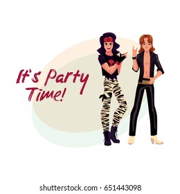 Glam rock party invitation, banner poster template with two young men in leather clothing, cartoon vector illustration. Glam rock party invitation banner, poster layout with rock star boys