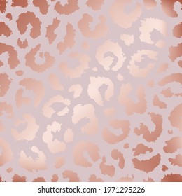 Glam seamless pattern. Skin leopard, jaguar, cheetah or panther. Rose gold effect for design. Pink beauty prints. Repeated background roses golden. Elegant texture. Repeating delicate print. Vector