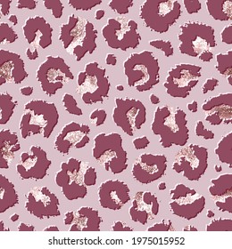 Glam seamless pattern. Skin leopard, jaguar, cheetah or panther. Rose gold effect foil for design. Pink beauty prints. Repeated glitter background. Elegant texture. Repeating delicate print. Vector