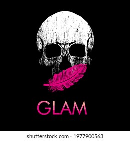 Glam. Skull vector drawing with pink feather isolated on black for t-shirts or posters	