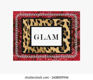 glam slogan on leopard skin pattern in silver lace frame illustration