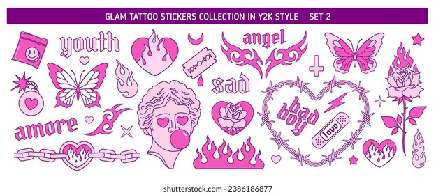 Pegatinas de arte con tatuajes de vidrio en el estilo 2 del año 2000. Mariposa, rosa, juguete, llama, fuego, corazón de vajilla en el estilo de los 90-00 de emo goth. Impresiones de arte de tatuajes neo tribales rosados en la estética de los años 2000. Colección de vectores