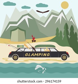 glamor camping flat design landscape with limousine