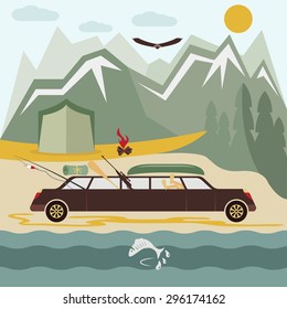 glamor camping flat design landscape with limousine