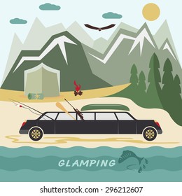 glamor camping flat design landscape with limousine
