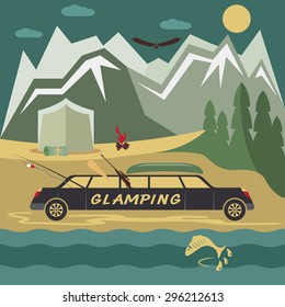 glamor camping flat design landscape with limousine